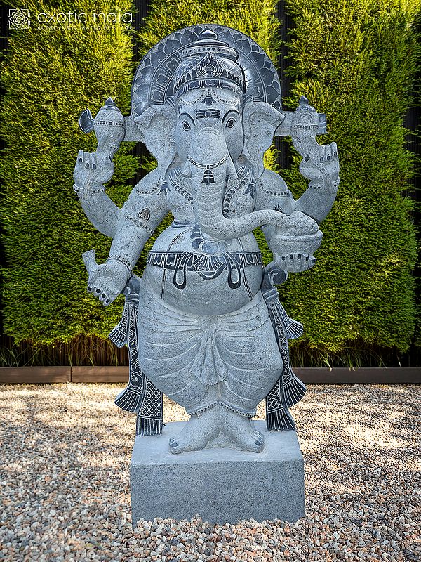 60" Standing Lord Ganesha With Four Arms | Large Granite Stone Statue