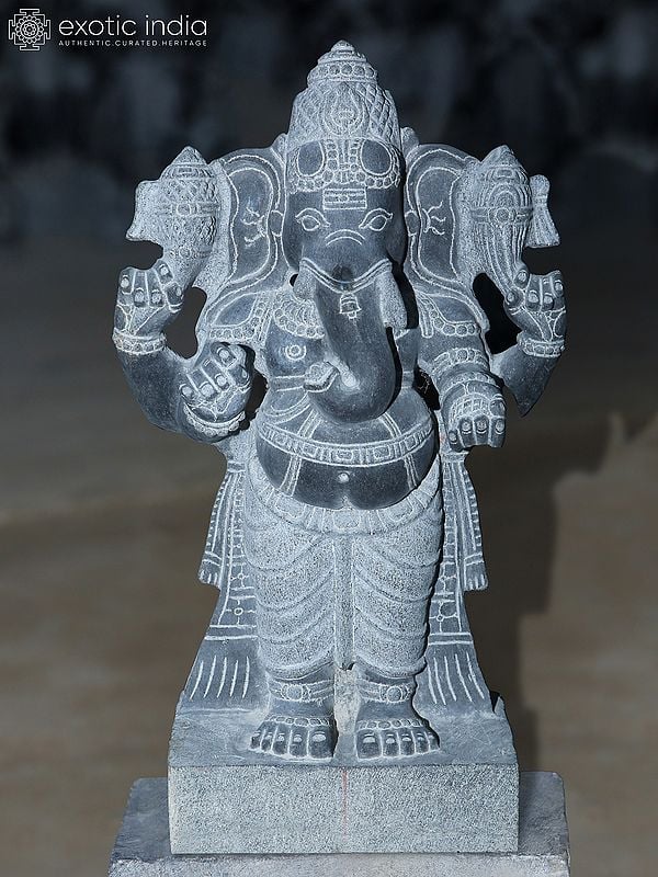 20" Four-Armed Blessing Lord Ganesha Idol | Black Granite Stone Statue