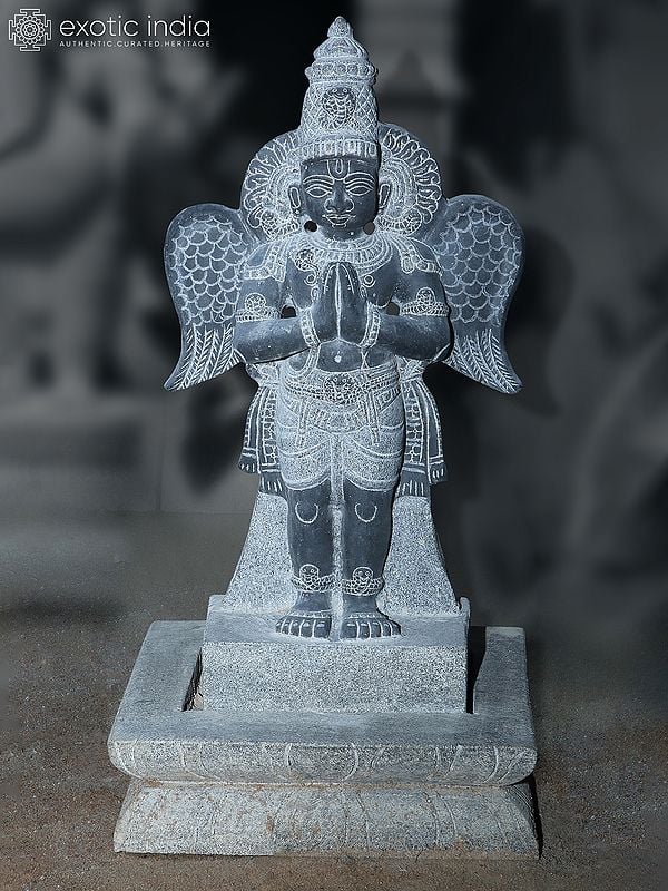 20" Standing Garuda Idol (Vahana of Vishnu) | Black Granite Stone Statue