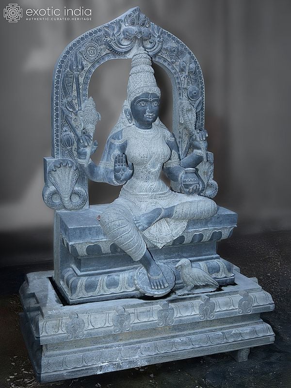 94" Goddess Meenakshi Black Granite Stone Sculpture