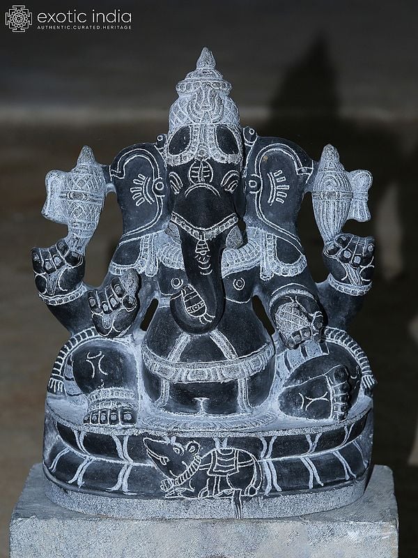 16" Four Armed Seated Lord Ganesha Idol And Holding Modak | Granite Stone Statue