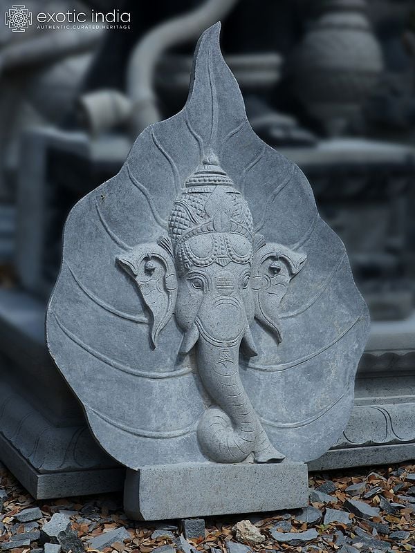 50" Large Lord Ganesha Face on Leaf | Black Granite Stone Sculpture