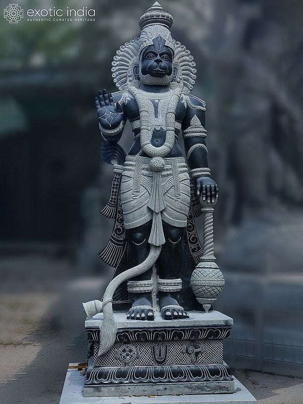 118" Large Blessing Lord Hanuman Black Granite Stone Statue