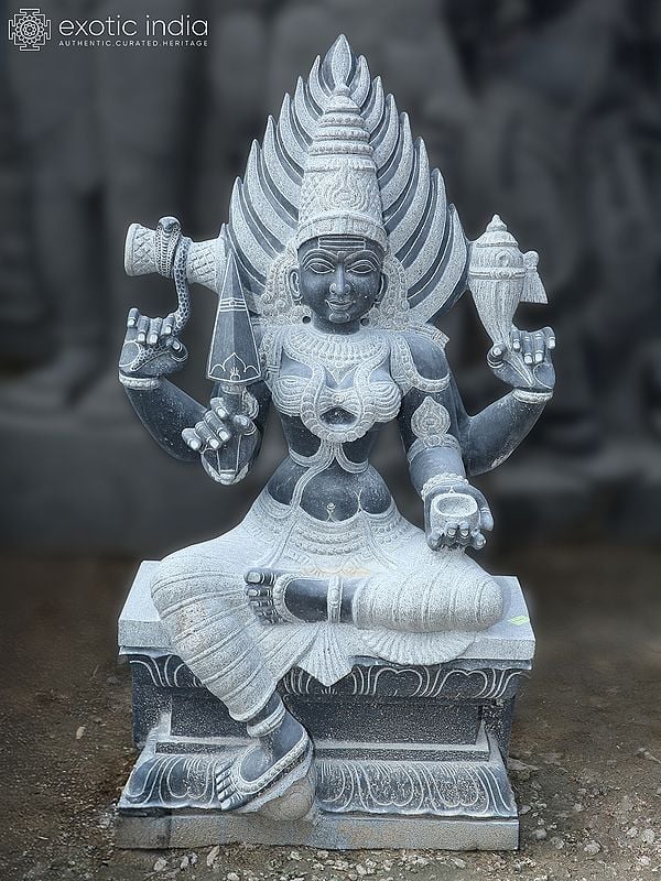 39" Large Finely Carved Goddess Mariamman Idol | Black Granite Stone Statue