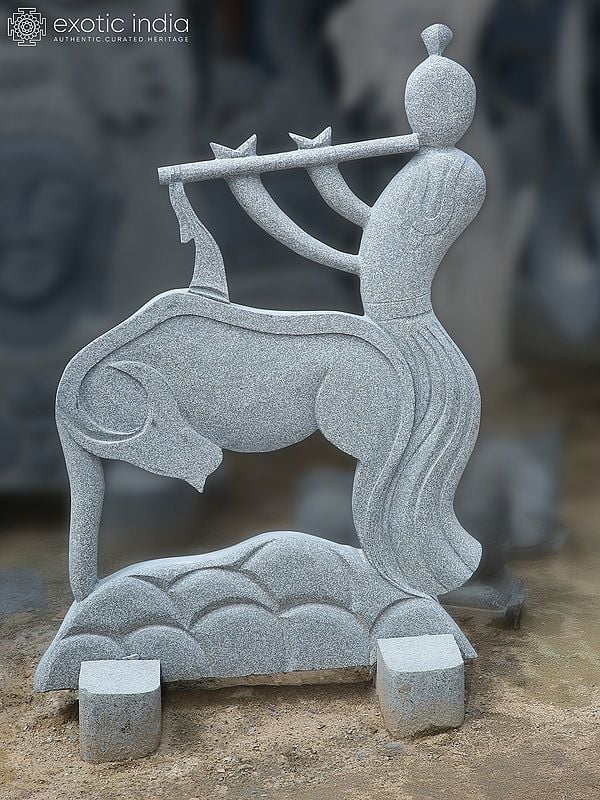 46" Govinda : Krishna with Cow Modern Sculpture in Granite Stone