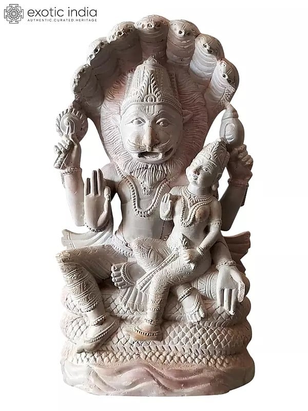 8" God Narasimha With Goddess Lakshmi In Blessing Mudra | Pink Stone Statue