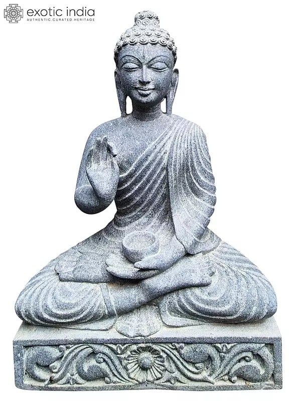 18" Lord Buddha In Abhaya Mudra (Tibetan Buddhist) | Black Stone Statue