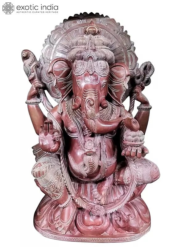 18" Lord Ganesha With Modak In Blessing Mudra | Pink Stone Statue