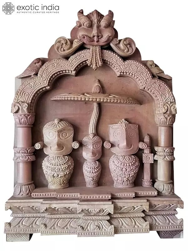 15" Lord Jagannath With Balabhadra And Subhadra Pink Stone Statue