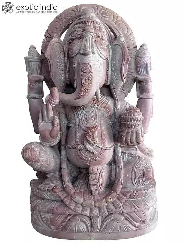 12" Blessing Lord Ganesha With Modak Seated On Pedstal | Pink Stone Statue