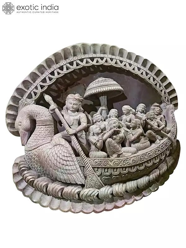 15" Lord Krishna Drives Boat With Gopis | Pink Stone Statue