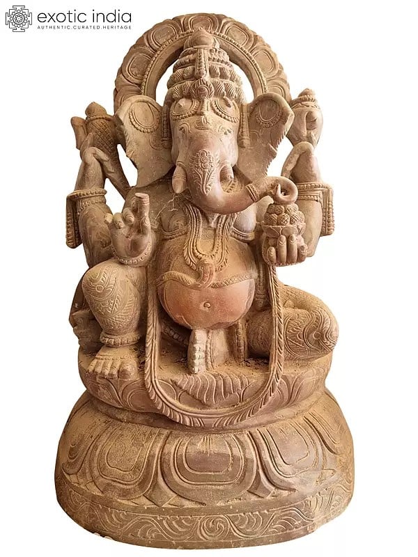 18" Finely Carved Lord Ganesha With Modak Seated On Pedstal | Pink Stone Statue