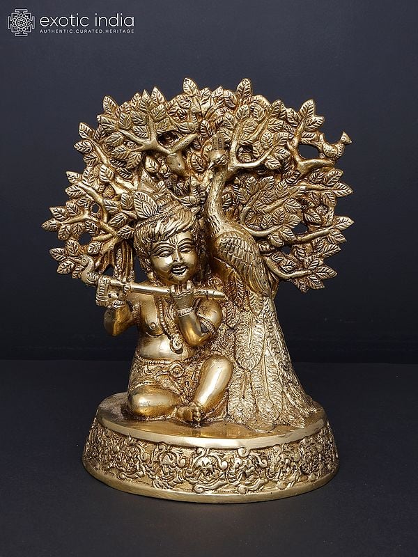 8" Fluting Bal Gopal Under The Tree with Peaocck | Brass Statue