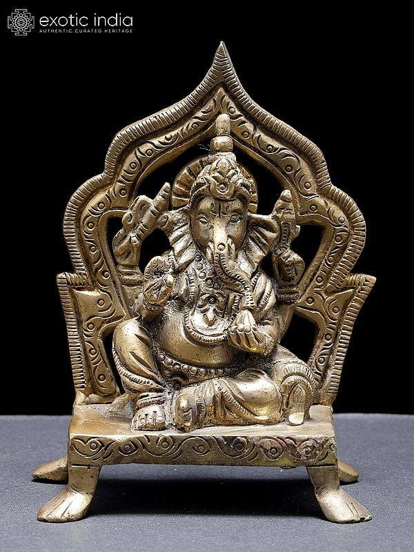 3" Small Blessing Lord Ganesha Seated on Throne | Brass Statue