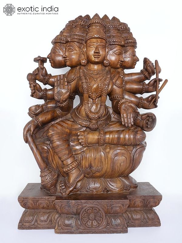 36" Large Goddess Gayatri | Wood Carved Statue