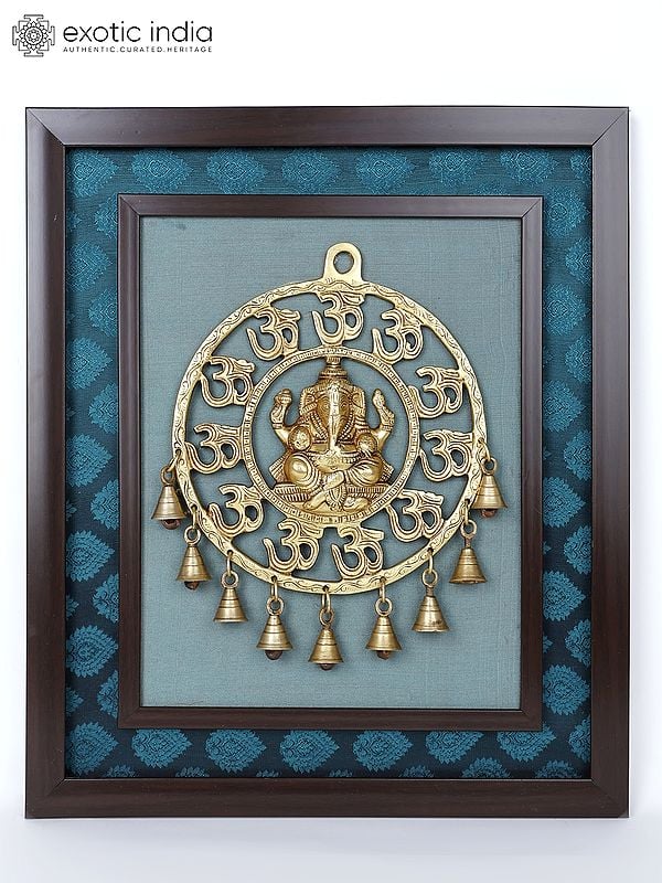 19" Om Ganesha with Dangling Bells | Wood Framed Brass Sculpture | Wall Hanging