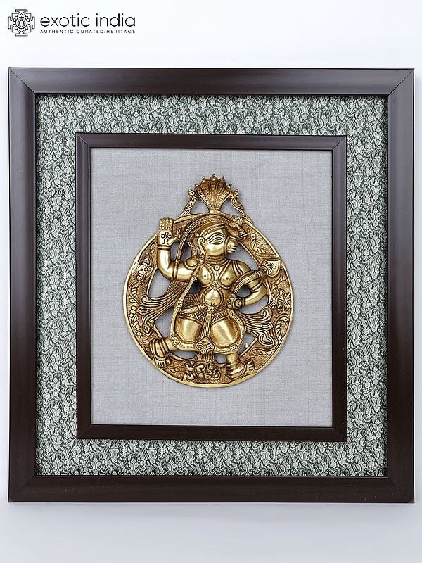 17" Wood Framed Lord Hanuman in Brass | Wall Hanging