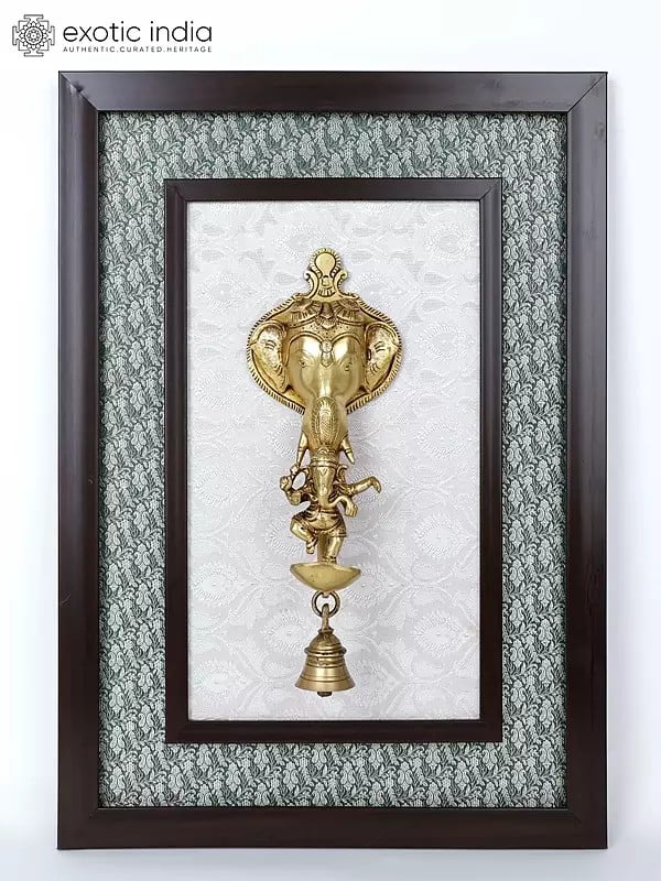 20" Stylized Dancing Ganesha Lamp with Bell | Wood Framed Brass Sculpture | Wall Hanging