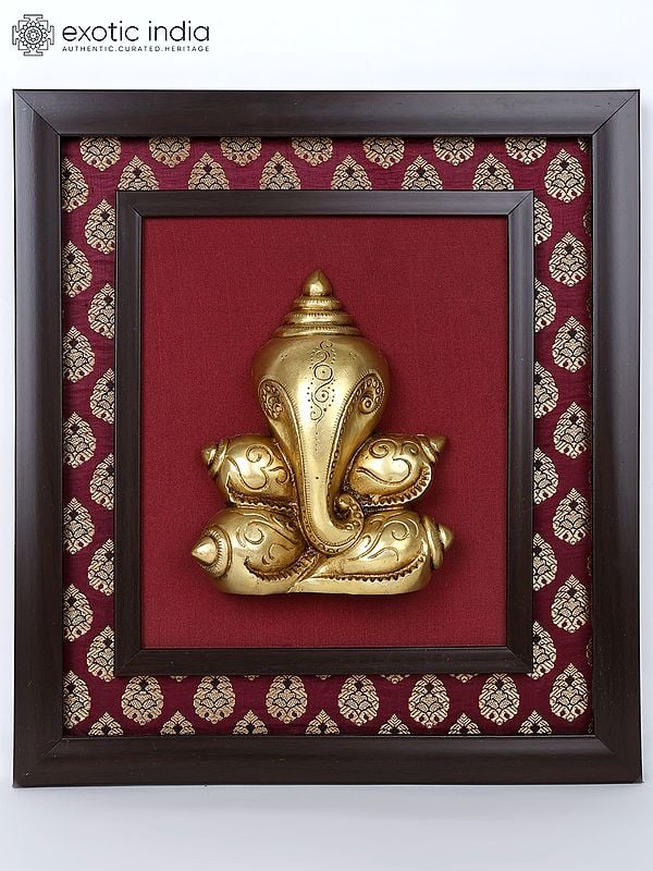 15" Stylized Modern Conch Ganesha | Wood Framed Brass Sculpture | Wall Hanging