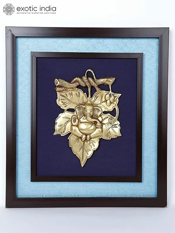 19" Leaf Ganesha | Wood Framed Brass Sculpture | Wall Hanging