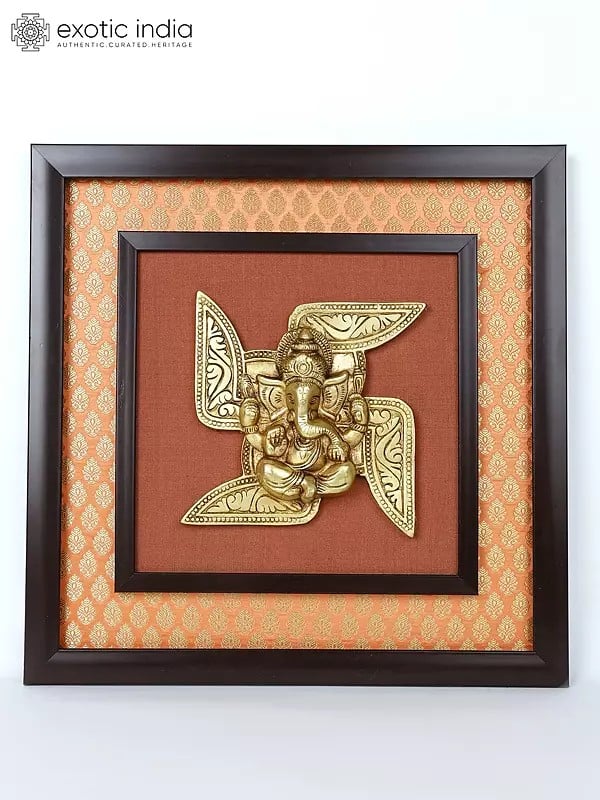 16" Swastik Ganesha | Wood Framed Brass Sculpture | Wall Hanging