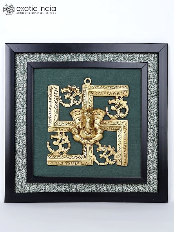 16" Blessing Lord Ganesha with Hindu Symbols Om and Swastik | Wood Framed Brass Sculpture | Wall Hanging