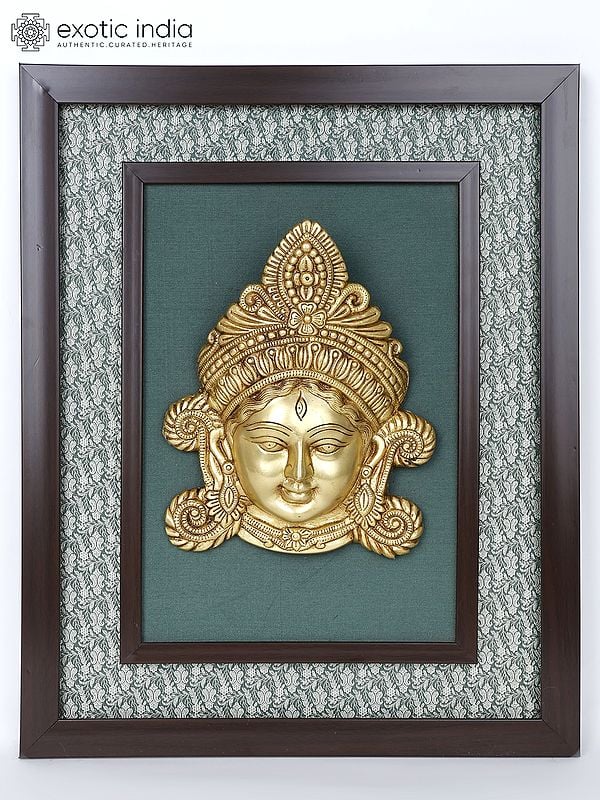 19" Wood Framed Brass Goddess Durga Sculpture | Wall Hanging