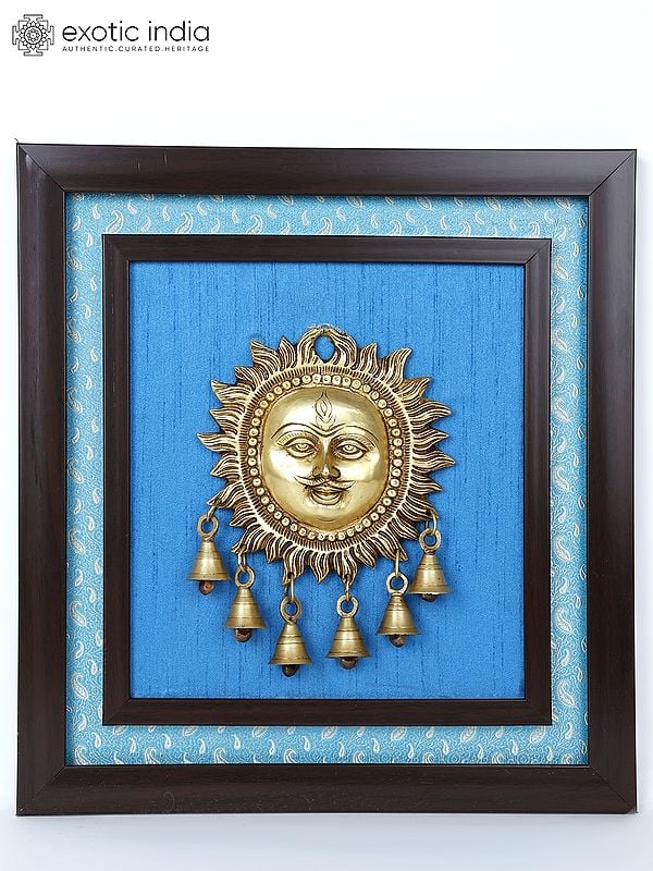 15" Lord Surya with Dangling Bells in Brass | Wood Framed Brass Sculpture | Wall Hanging