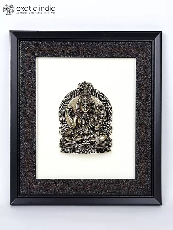 9" Superfine Sitting Goddess Saraswati | Wood Framed Brass Sculpture | Wall Hanging Decor