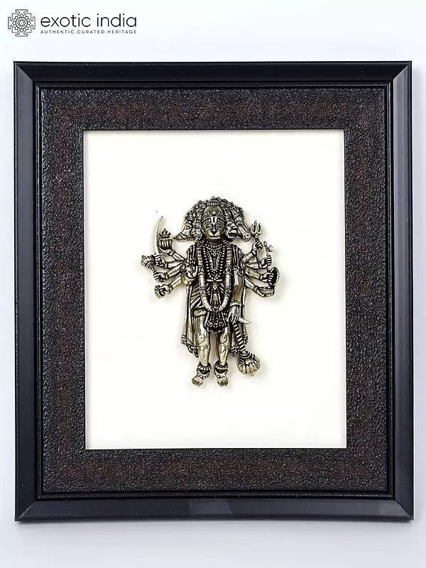 9" Superfine Standing Ten Armed Panchamukhi Hanuman | Wood Framed Brass Sculpture | Wall Hanging