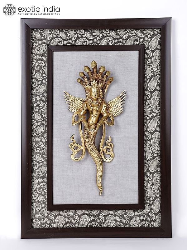 22" Naga Kanya | Wood Framed Brass Sculpture | Wall Hanging