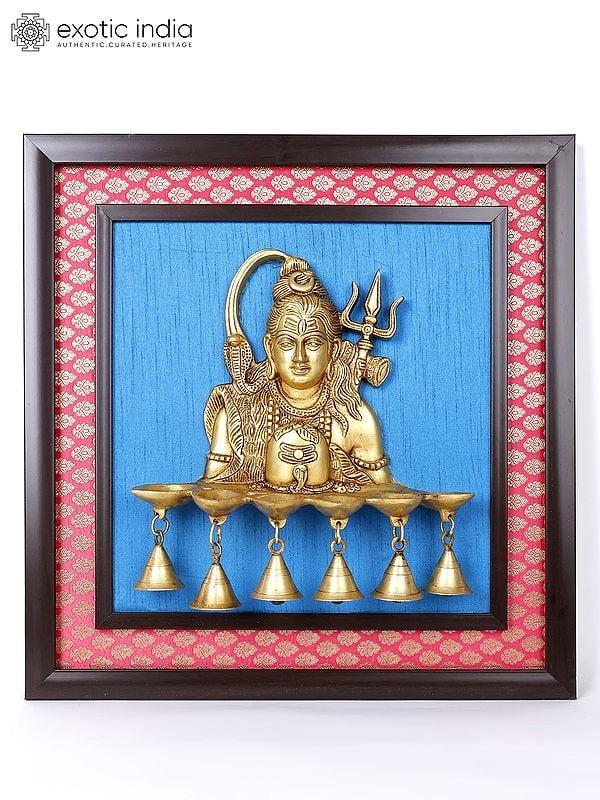 19" Lord Shiva Lamp with Bells | Wood Framed Brass Sculpture | Wall Hanging