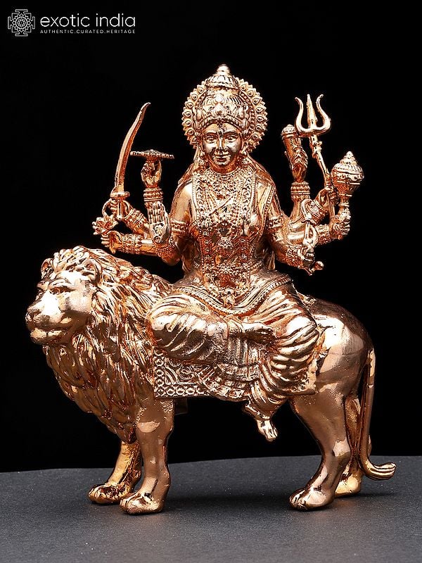 5" Small Eight Armed Goddess Durga (Sherawali Maa) Seated on Lion | Brass Statue