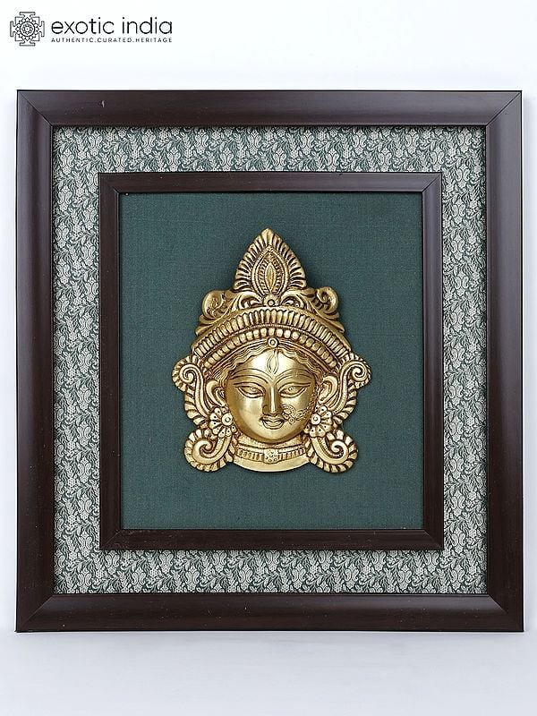 15" Goddess Durga | Wood Framed Brass Sculpture | Wall Hanging