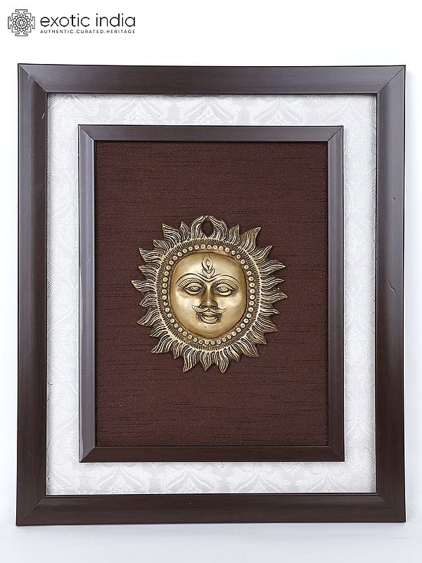 16" Lord Surya | Wood Framed Brass Sculpture | Wall Hanging