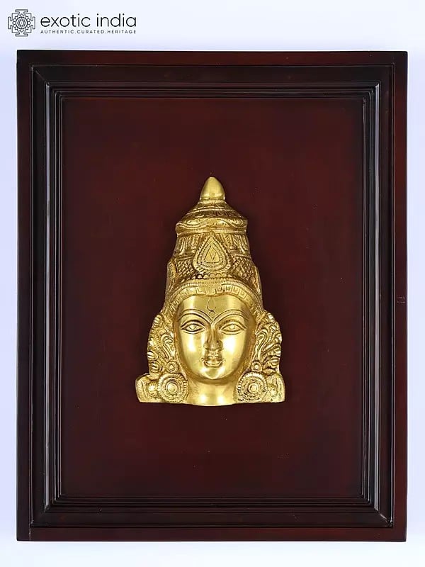 16" Crowned Devi Mukhamandala Mask | Wood Framed Brass Sculpture | Wall Hanging