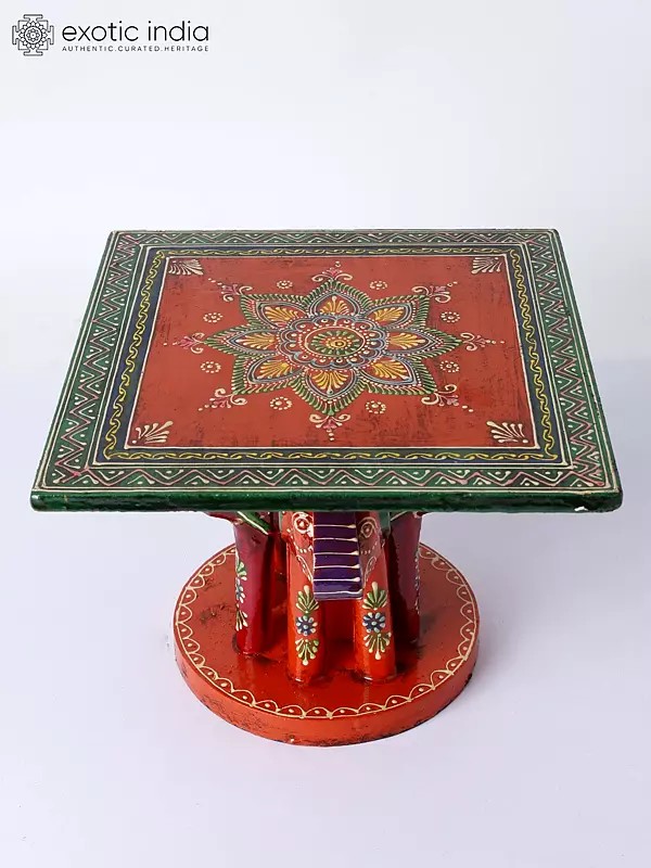 9" Colorful Wooden Elephant Decorative Chowki | Handmade Wood Pedestal | Made in India