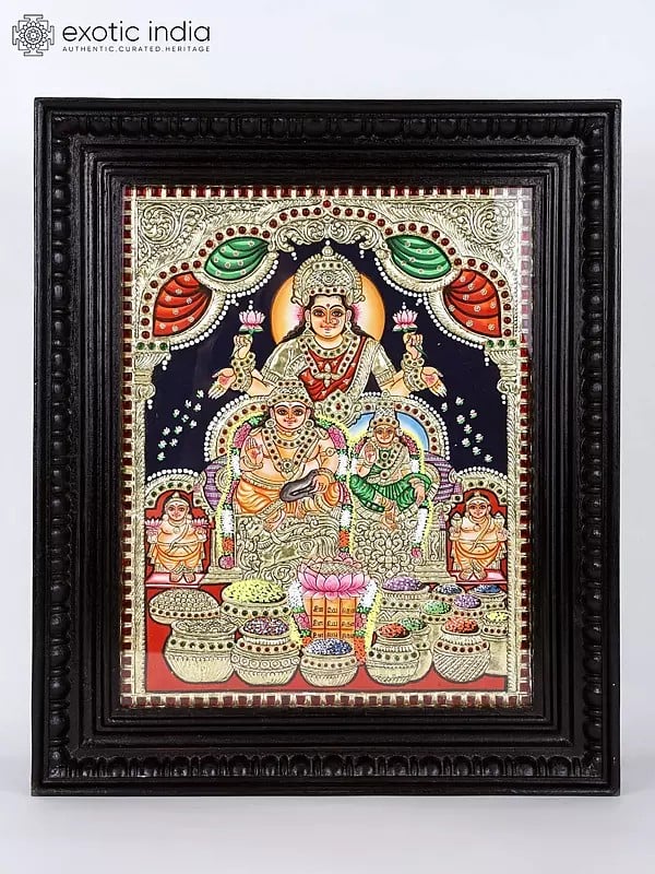 Kubera and Lakshmi Tanjore Painting | Traditional Colors With 24K Gold | Teakwood Frame | Gold & Wood | Handmade | Made In India