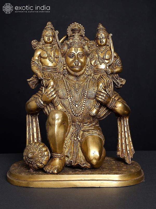 12" Hanumanji Carrying Shri Rama and Lakshman on His Shoulders (An Episode from The Ramayana) In Brass | Handmade | Made In India