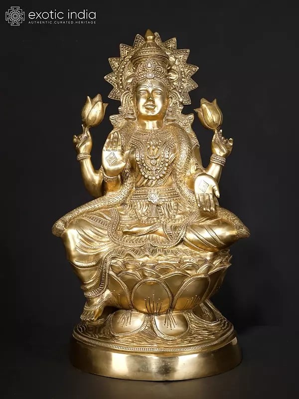 23" Goddess Lakshmi Seated on Lotus In Brass | Handmade | Made In India