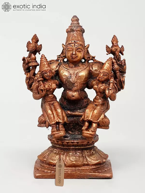 4" Small Lord Vishnu with His Consorts Sridevi and Bhudevi | Copper Statue