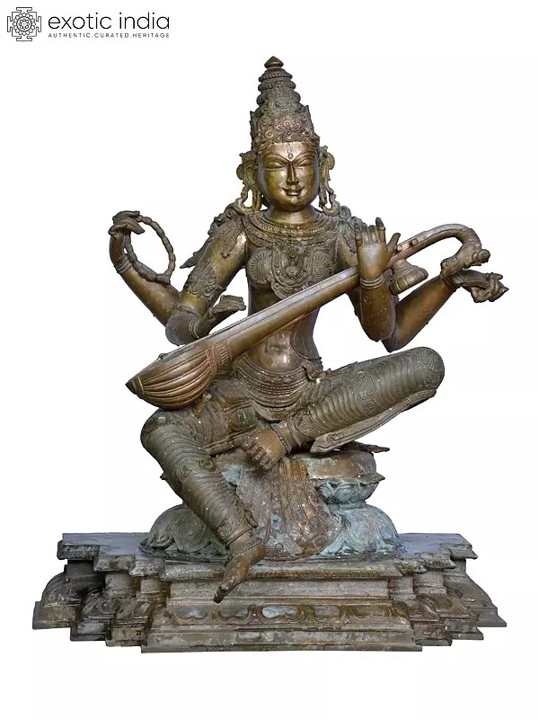 36" Veena Vadini Saraswati - Goddess of Knowledge & Music | Solid Copper Statue