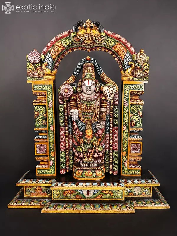 38" Large Colorful Lord Tirupati Balaji (Venkateshvara) with Kirtimukha Prabhavali | Wood Carved Statue