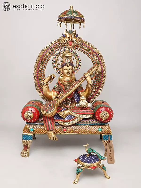 47" Four Armed Goddess Saraswati Seated on Kirtimukha Throne with Her Vahana on A Three-Legged Stool | Brass Statue with Inlay Work