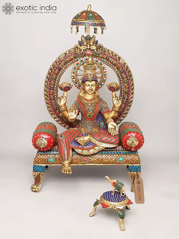 47" Large Four Armed Blessing Goddess Lakshmi Seated on Kirtimukha Throne with Elephant on Three Legged Pedestal | Brass Statue with Inlay Work