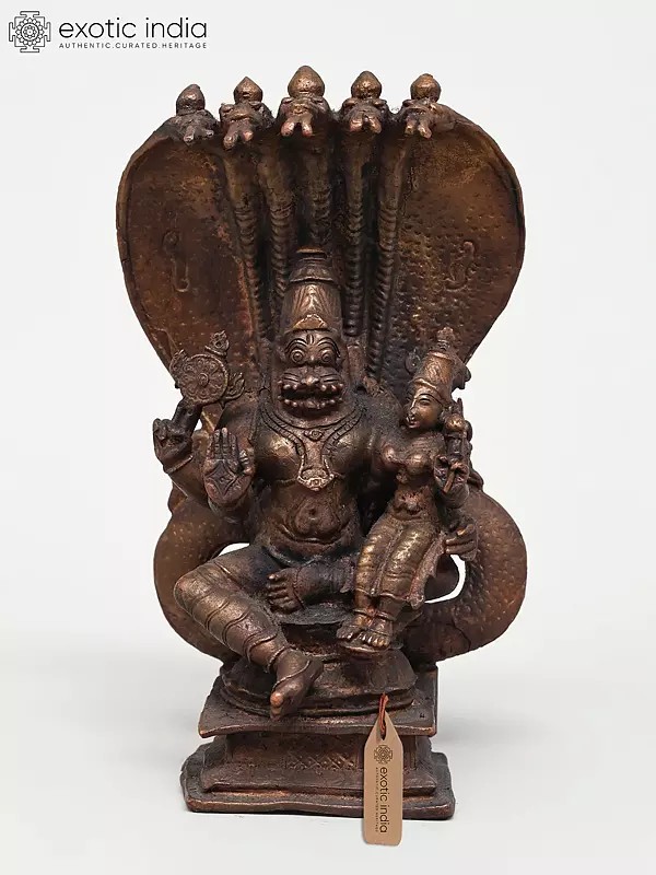 6" Small Lord Narasimha with Devi Lakshmi Protected by Sheshnag | Copper Statue