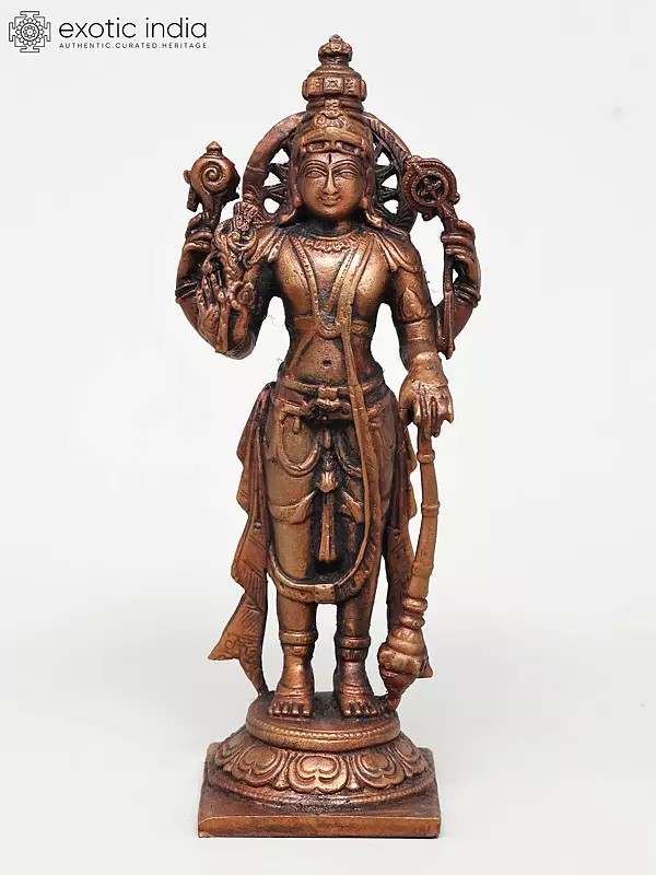 6" Four Armed Standing Lord Vishnu | Small Size Copper Statue