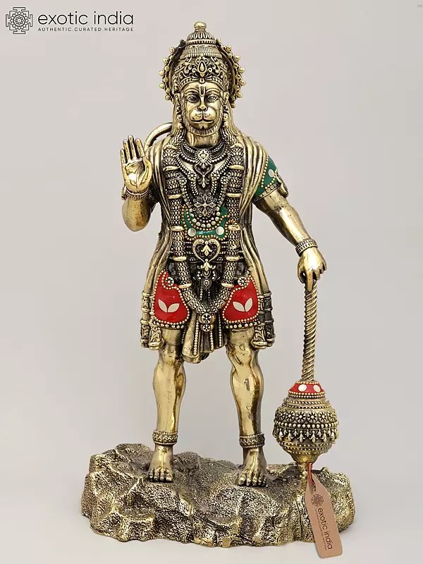 12" Superfine Standing Lord Hanuman in Blessing Gesture | Brass Statue with Inlay Work