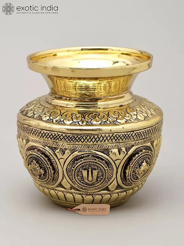 Brass Superfine Kalash with Chakra, Tilak and Conch (Vaishnava Symbols)