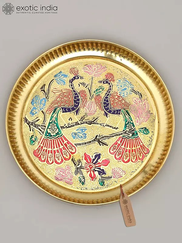 6" Meenakari Peacocks Art Ritual Brass Plate